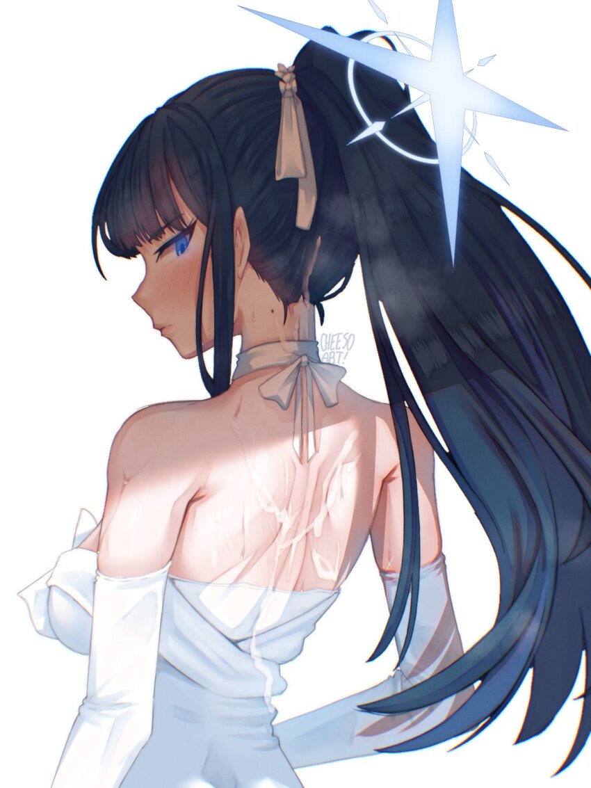 1girl armpit_crease back bare_shoulders blue_archive blue_eyes blue_hair blue_halo blush breasts cheeso_art closed_mouth commentary cum cum_on_back cum_on_body cumdrip dress english_commentary eyelashes from_behind hair_ribbon halo highres large_breasts looking_at_viewer looking_back mole mole_on_neck off-shoulder_dress off_shoulder ponytail ribbon saori_(blue_archive) saori_(dress)_(blue_archive) sidelocks simple_background solo sweat sweatdrop upper_body wedding_dress white_background white_dress