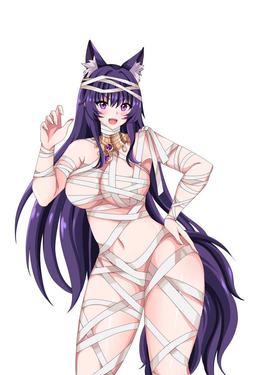 :d absurdres alternate_costume animal_ear_fluff animal_ears bandages blush breasts claw_pose cleavage cowboy_shot delta_(kage_no_jitsuryokusha_ni_naritakute!) eyelashes fingernails hand_on_own_hip highres kage_no_jitsuryokusha_ni_naritakute! large_breasts long_fingernails long_hair looking_at_viewer mukhbita249 mummy_costume navel no_bra no_panties open_mouth purple_eyes purple_hair shiny_skin simple_background smile tail thick_thighs thighs transparent_background wolf_ears wolf_girl wolf_tail
