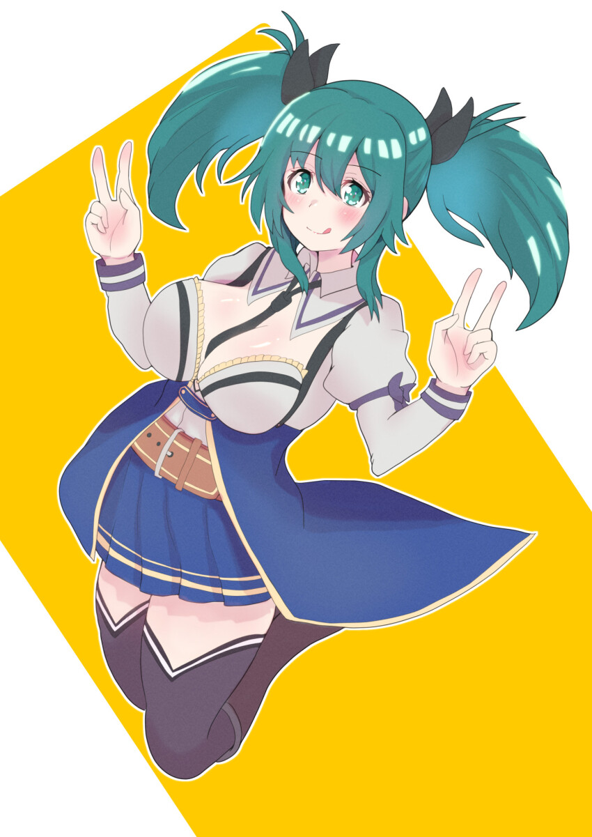 1girl :q aqua_eyes aqua_hair assault_lily belt belt_buckle between_breasts black_boots black_necktie black_ribbon black_thighhighs blue_skirt blush boots bow breasts brown_belt buckle closed_mouth collared_shirt commentary_request double_v frilled_shirt frills full_body hair_between_eyes hair_bow hair_ribbon hands_up highres juliet_sleeves jumping kanden_natsume knee_boots large_breasts legs_up long_sleeves looking_at_viewer medium_hair miniskirt necktie necktie_between_breasts odaiba_girls_high_school_uniform outline pleated_skirt puffy_sleeves purple_bow ribbon school_uniform shirt sidelocks skirt smile solo suzuki_chinami thighhighs tongue tongue_out twintails two-tone_background v waist_cape white_background white_outline yellow_background zettai_ryouiki