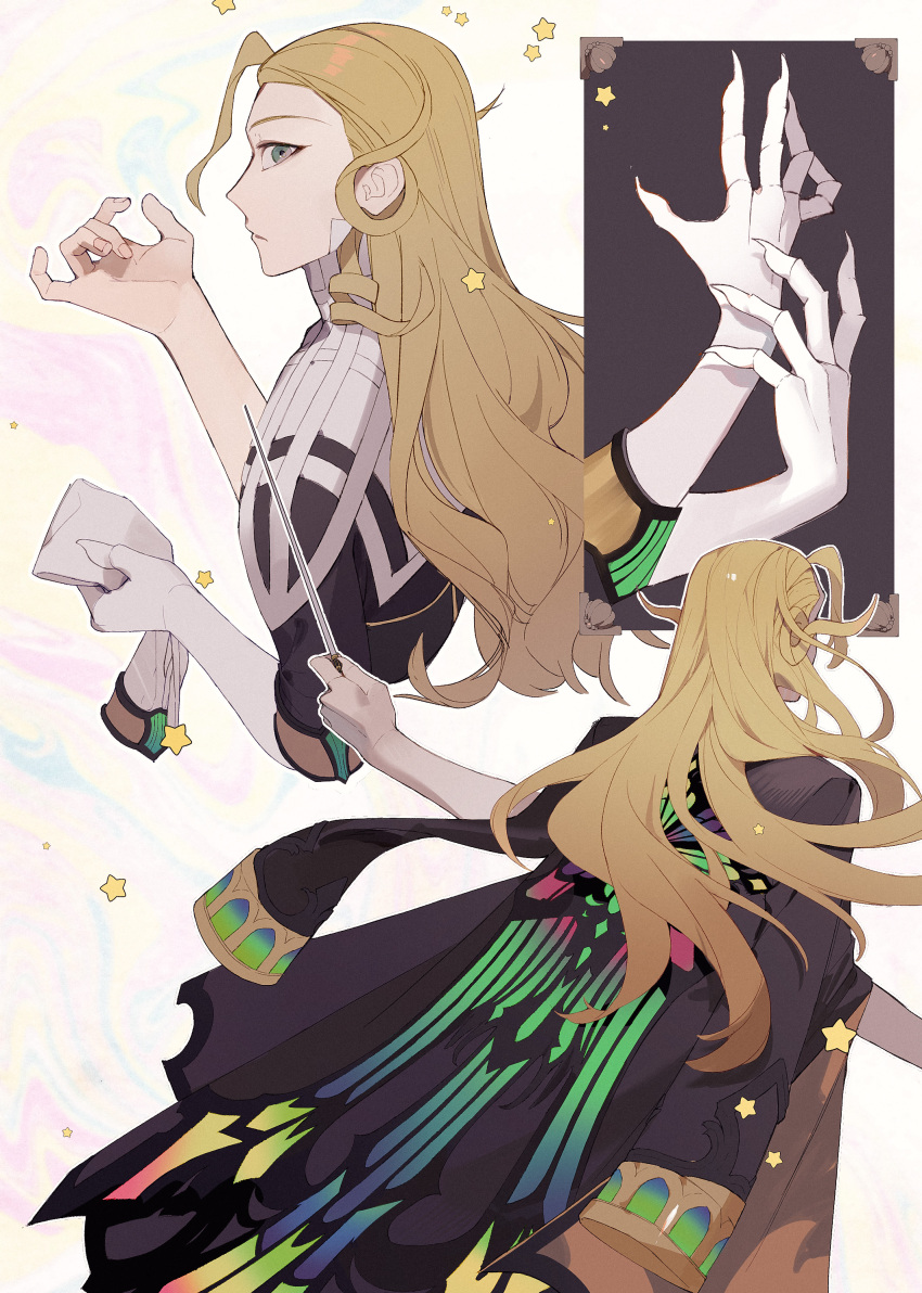 1boy absurdres black_coat blonde_hair coat coat_on_shoulders colorful_background conductor_baton curly_hair elbow_gloves fate/grand_order fate_(series) fingernails from_behind gloves green_eyes highres holding holding_baton holding_gloves holding_unworn_clothes long_fingernails long_hair long_sleeves looking_at_viewer looking_back male_focus multiple_views outline outstretched_arms parted_lips sharp_fingernails simple_background single_glove star_(symbol) unworn_gloves white_gloves white_outline wolfgang_amadeus_mozart_(fate) yukkuri_(fumoyun)