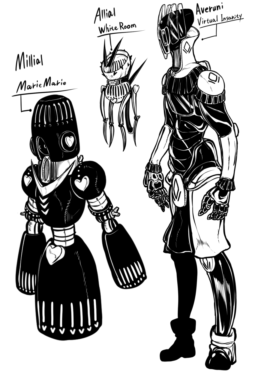3others allial_(coefont) arm_cannon arms_at_sides averuni_(coefont) boots character_name coefont drone dual_arm_cannons floating heart high_collar highres hip_gear jojo_no_kimyou_na_bouken mask miazuma_sarin millial_(coefont) multiple_others parody pelvic_curtain see-through_clothes see-through_mask simple_background song_name stand_(jojo) standing weapon