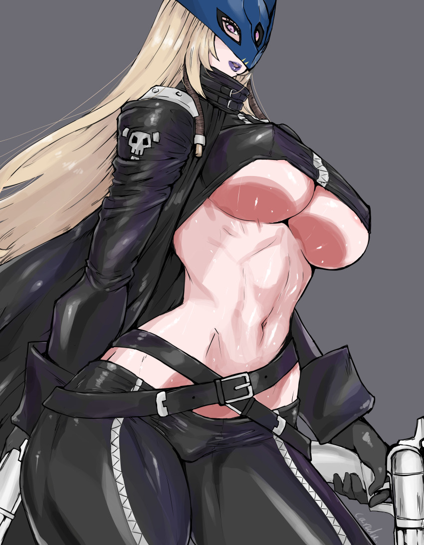 1girl beelstarmon black_gloves blonde_hair breasts cropped_jacket digimon digimon_(creature) female_focus gloves grey_background gun holding holding_gun holding_weapon jacket large_breasts leather leather_jacket leather_pants long_hair mask navel pants purple_eyes purple_lips shiny_skin simple_background solo solo_focus standing stomach third_eye underboob weapon yuzuriha_caruru