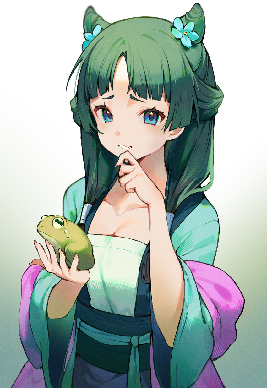 1girl absurdres blue_eyes blue_flower breasts cleavage cone_hair_bun flower green_hair hair_bun hair_flower hair_ornament highres holding_frog kusuriya_no_hitorigoto long_hair maomao_(kusuriya_no_hitorigoto) obi sash solo yenkoes