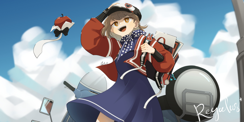 1girl :d absurdres apple apple_(reverse:1999) backpack bag bag_charm black_bow black_bowtie blue_dress blue_neckerchief blue_sky bow bowtie bright_pupils brown_hair character_name charm_(object) cloud cowboy_shot daku_k day dress facing_up food fruit hand_on_headwear hands_up hat highres holding_strap jacket long_sleeves looking_up motor_vehicle neckerchief newsboy_cap open_bag open_mouth orange_eyes polka_dot_neckerchief puffy_long_sleeves puffy_sleeves record_jacket red_jacket regulus_(reverse:1999) reverse:1999 scooter short_dress short_hair signature sky smile solo teeth tongue traditional_bowtie upper_teeth_only white_pupils