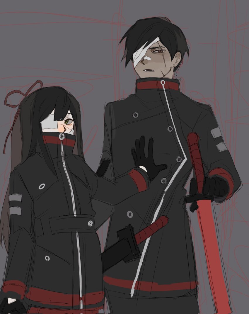 1boy 1girl black_gloves black_hair black_jacket black_pants brown_eyes cowboy_shot eyepatch gloves hair_ribbon half_updo highres holding holding_sword holding_weapon jacket library_of_ruina long_hair long_sleeves looking_at_viewer medical_eyepatch meptbey open_mouth pants project_moon red_ribbon ribbon shi_association_south_uniform sidelocks sword tenma_(project_moon) unfinished valentin_(project_moon) very_long_hair weapon