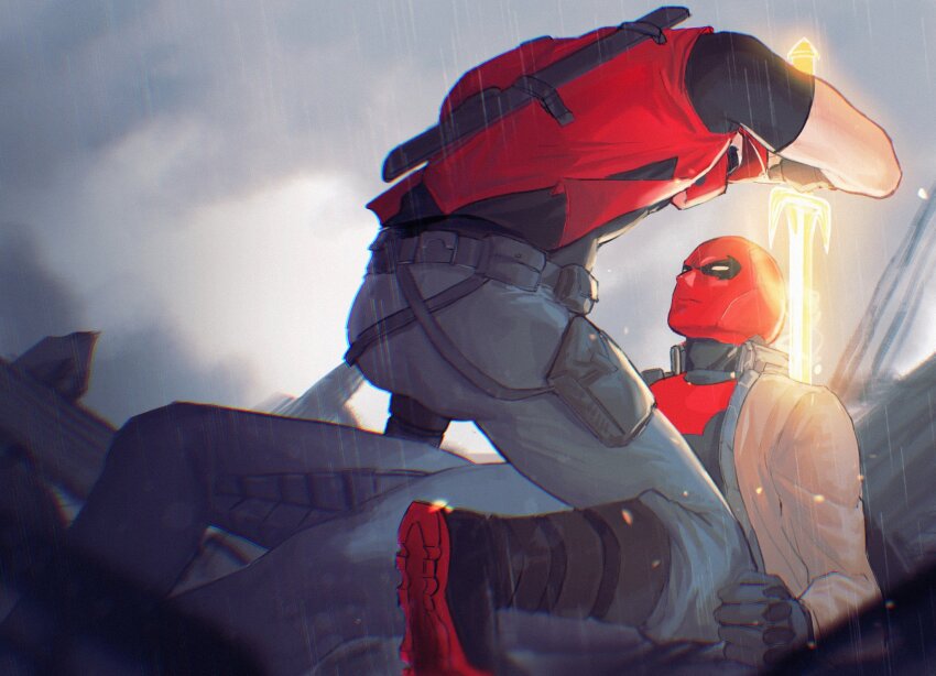 2boys bandaged_arm bandages bat_signal batman_(series) batman_symbol black_bodysuit black_gloves black_hair black_shirt bodysuit brown_jacket covered_abs dc_comics dual_persona gloves grey_bodysuit highres holding hood hooded_vest hoodie jacket jason_todd kirikumosan large_pectorals looking_at_another male_focus mask multiple_boys muscular muscular_male open_clothes open_vest pants pectorals red_hood_(2018_costume) red_hood_(dc) red_hood_and_the_outlaws red_mask red_vest shirt short_hair superhero_costume taut_bodysuit two-tone_bodysuit two-tone_shirt vest weapon