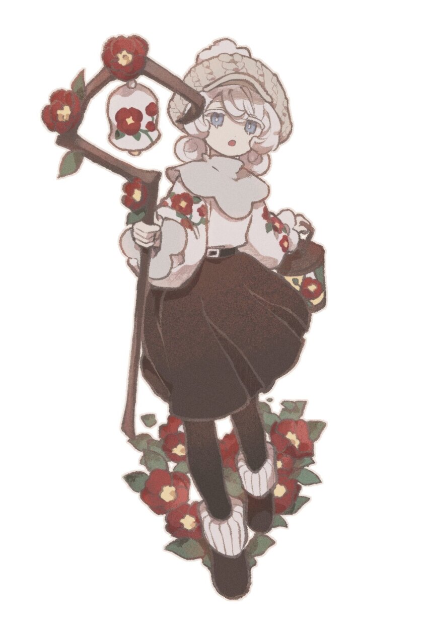 1girl :o argyle_clothes argyle_hat bell belt black_belt black_pantyhose black_shoes bright_pupils cabbie_hat capelet collared_capelet colored_skin cookie_run cookie_run:_kingdom cotton_cookie cotton_cookie_(red_camellia) donut_hair_bun dot_nose double_bun faux_figurine floral_print flower full_body fur-trimmed_shoes fur_trim grey_capelet hair_bun hat highres holding holding_lantern holding_staff lantern long_skirt long_sleeves looking_ahead medium_hair non-deformed pale_color pantyhose payage pleated_skirt puffy_long_sleeves puffy_sleeves red_flower shoes simple_background skirt solo staff sweater turtleneck white_background white_hat white_pupils white_skin white_sweater