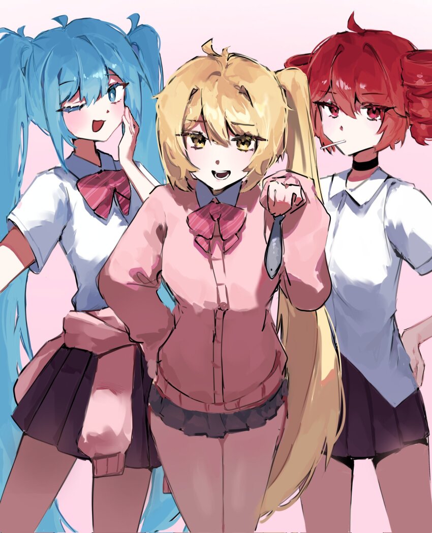 3girls akita_neru antenna_hair black_choker black_skirt blonde_hair blue_eyes blue_hair blush bow bowtie candy cardigan cardigan_around_waist choker clothes_around_waist collared_shirt commentary fish food hand_on_own_hip hashtag-only_commentary hatsune_miku highres kasane_teto lollipop long_hair looking_at_viewer miniskirt mouth_hold multiple_girls nrum_rmfla0 one_eye_closed open_mouth pink_background pink_bow pink_bowtie pink_cardigan pinstripe_bowtie shirt short_sleeves simple_background skirt symbol-only_commentary twintails utau very_long_hair vocaloid white_shirt yellow_eyes zako_(vocaloid)