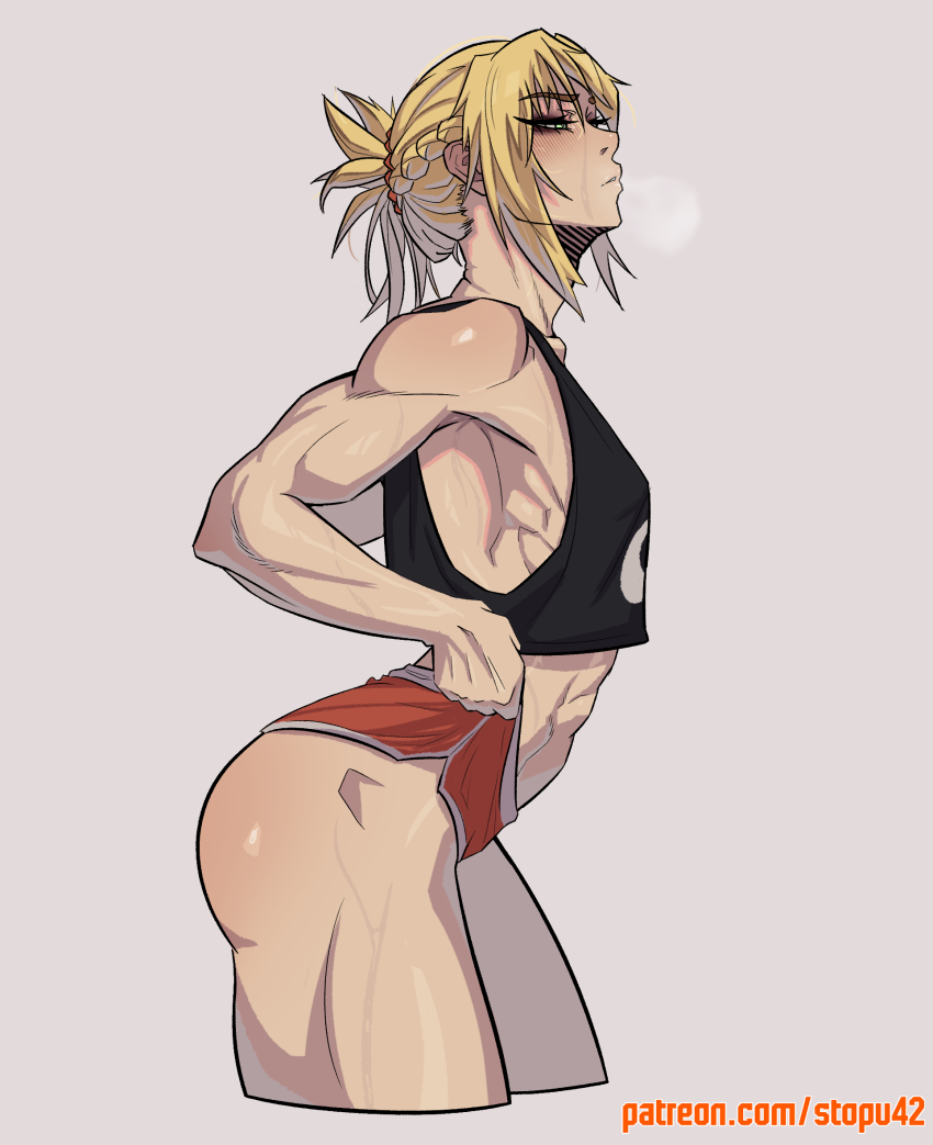 1girl abs black_tank_top blonde_hair blush braid breath clothes_pull fate_(series) flat_chest hair_ornament hair_scrunchie half_up_braid highres looking_to_the_side mordred_(fate) muscular muscular_female patreon_username pulling_own_clothes red_scrunchie red_shorts scrunchie short_shorts shorts shorts_pull signature solo stopu sweat tank_top thick_thighs thighs toned