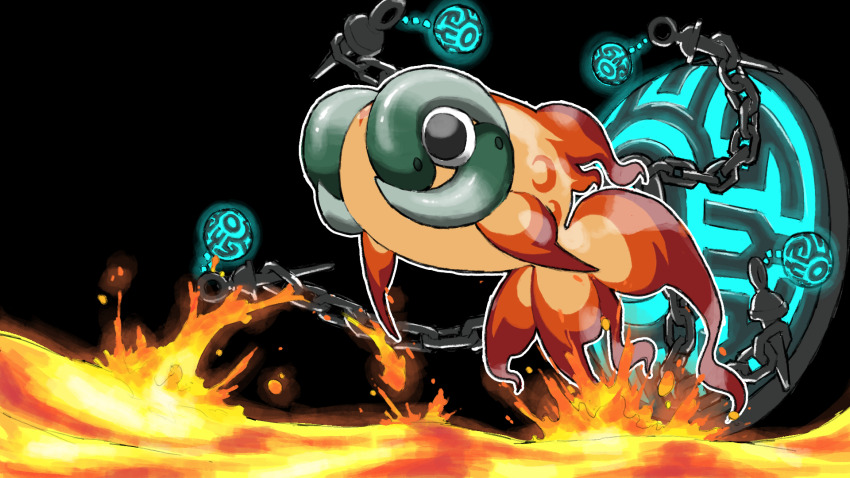animal_focus black_background blacknirrow chain chi-yu_(pokemon) glowing highres lava nintendo no_humans outline pokemon pokemon_(creature) pokemon_focus simple_background solo white_outline
