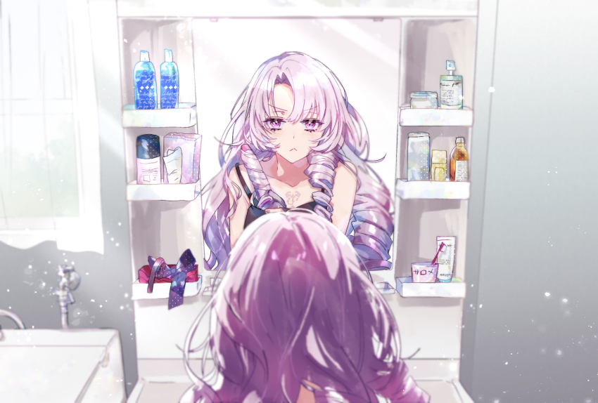 1girl :&lt; bare_shoulders black_camisole bottle camisole chest_tattoo closed_mouth collarbone commentary_request cosmetics curling_iron curtains drill_hair drill_sidelocks eyelashes from_behind frown hair_between_eyes haruna_(hrnrnh) highres holding_curling_iron hyakumantenbara_salome indoors light_particles light_rays long_hair looking_at_mirror mirror nijisanji parted_bangs purple_eyes purple_hair reflection shelf sidelocks solo strap_slip tattoo tissue_box toothbrush v-shaped_eyebrows virtual_youtuber