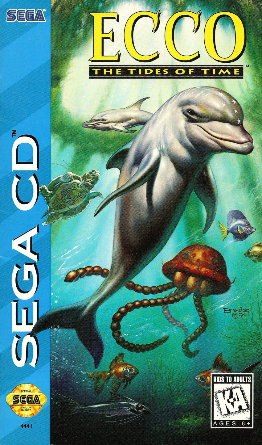 boris_vallejo cover dated dolphin ecco_the_dolphin fish video_game_cover highres no_humans official_art sega signature star_(symbol) turtle underwater