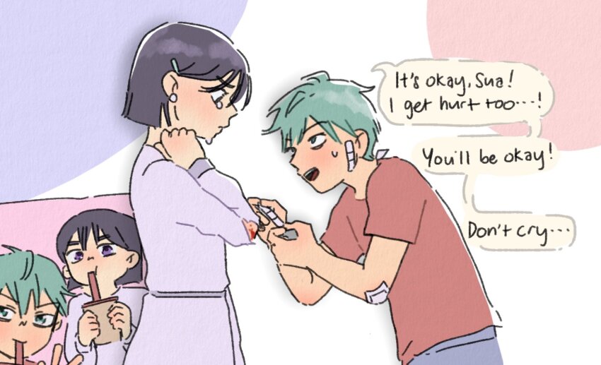 1boy 1girl alien_stage applying_bandaid bandaid bandaid_on_face black_hair bob_cut commentary cup dress drinking_straw english_commentary english_text gauze_on_elbow hair_ornament hairclip highres holding holding_bandaid holding_cup injury long_sleeves motii purple_dress red_shirt scraped_elbow shirt short_sleeves sua_(alien_stage) tears till_(alien_stage)