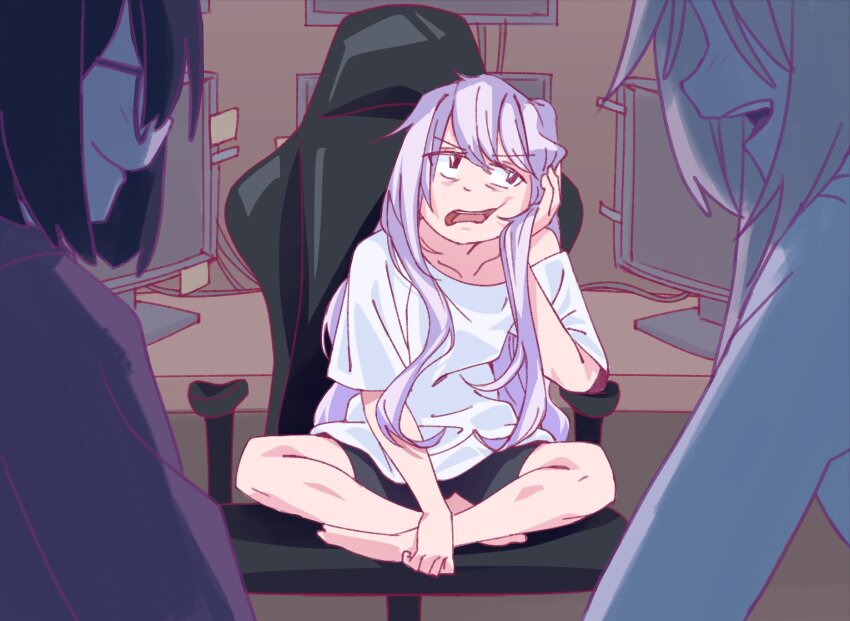 3girls bare_legs barefoot black_hair chair commentary_request crossed_legs egakuning gaming_chair glasses highres indoors kamikoshi_sorawo kozakura_(urasekai_picnic) long_hair long_sleeves monitor multiple_girls nishina_toriko open_mouth purple_hair short_hair short_sleeves sitting smile swivel_chair urasekai_picnic white_hair