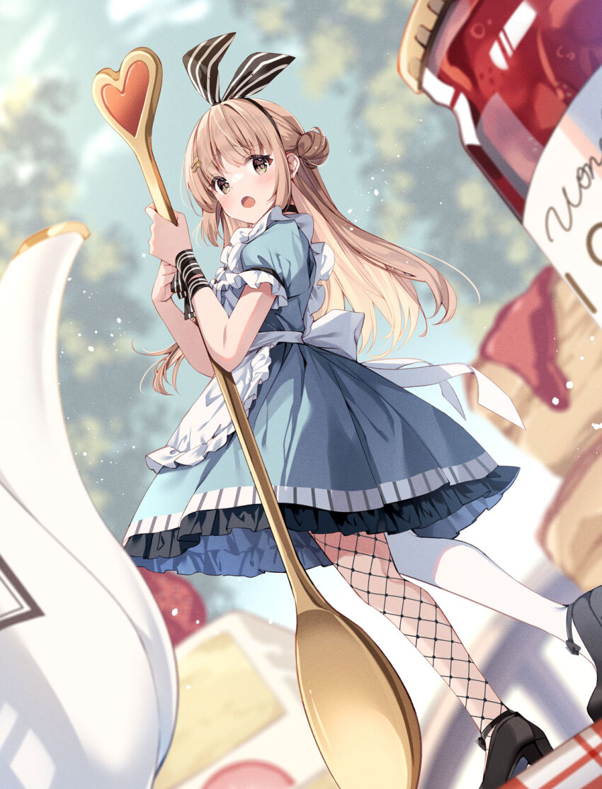 1girl :d alice&#039;s_adventures_in_wonderland alice_(alice_in_wonderland) apron asymmetrical_legwear black_hairband black_pantyhose black_shoes blue_dress blurry blurry_background blush bow_hairband brown_eyes brown_hair commentary_request dress fishnet_pantyhose fishnets frilled_apron frilled_dress frilled_sleeves frills full_body hair_bun hairband highres holding holding_spoon irori jar long_hair looking_at_viewer mismatched_legwear open_mouth original oversized_object pantyhose shoes smile solo spoon standing white_apron white_pantyhose