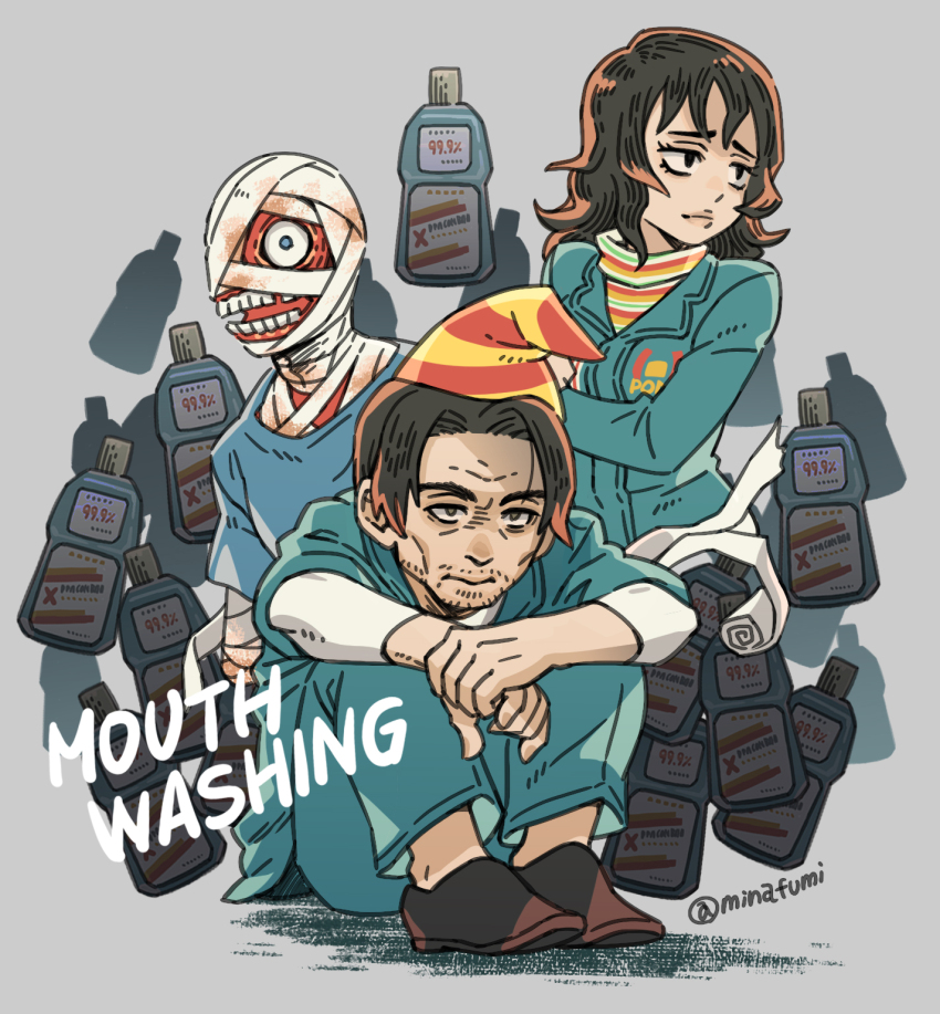 1girl 2boys anya_(mouthwashing) bandaged_arm bandaged_head bandaged_neck bandages beard_stubble black_eyes black_hair blue_eyes blue_jumpsuit copyright_name curly_(mouthwashing) curly_(post-crash)_(mouthwashing) exposed_muscle facial_hair grey_background hat highres jimmy_(mouthwashing) jumpsuit long_hair minagawa_fumio mouthwash mouthwashing multiple_boys open_mouth party_hat short_hair simple_background sitting stubble teeth twitter_username
