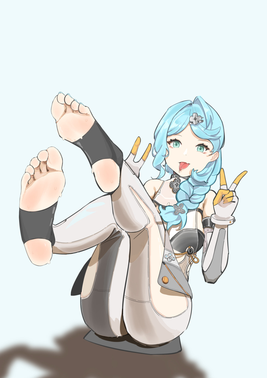 1girl :p absurdres barefoot blue_hair double_v feet feet_up gloves green_eyes highres long_hair looking_at_viewer seed_(zenless_zone_zero) soles stirrup_legwear toeless_legwear toes tongue tongue_out v yagneste zenless_zone_zero