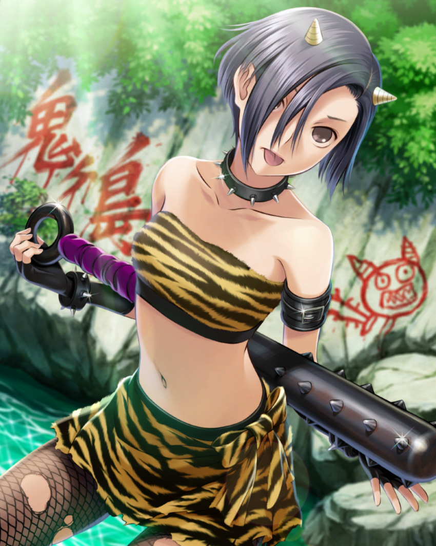 1girl :p animal_print armlet bare_shoulders black_collar black_hair blurry blurry_background bokeh bow bow_skirt bra bracelet breasts brown_eyes brown_horns buckle club club_(weapon) collar collarbone cowboy_shot day depth_of_field dutch_angle fishnet_pantyhose fishnets highres holding holding_weapon horn_ornament horns jewelry kanabou kobayakawa_rinko light_rays looking_at_viewer love_plus medium_breasts midriff navel ocean official_art oni open_hand outdoors pantyhose picture_frame rock short_hair skirt solo spiked_bracelet spiked_collar spikes sunbeam sunlight tiger_print tongue tongue_out torn_clothes torn_pantyhose underwear v-shaped_eyebrows weapon