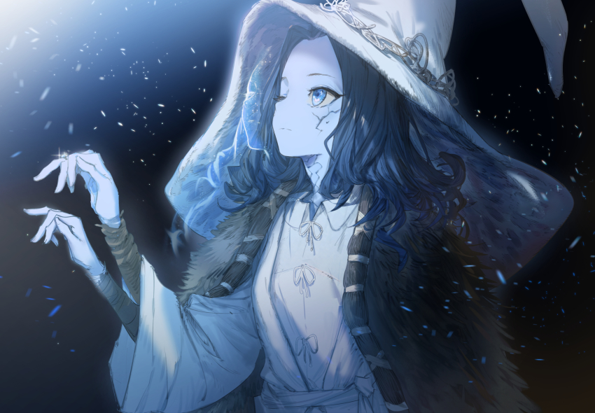 1girl ashorz black_hair blue_eyes blue_skin chinese_commentary cloak closed_mouth coat colored_skin commentary cracked_skin dress elden_ring extra_arms extra_faces facial_mark fur_cloak fur_coat hand_up hat highres jewelry long_sleeves looking_up medium_hair one_eye_closed ranni_the_witch ring solo spoilers upper_body white_dress white_hat wide_sleeves witch_hat