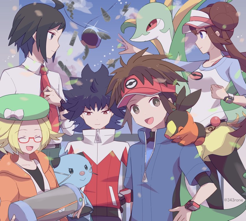 2girls 343rone 3boys :d absurdres ahoge beret bianca_(pokemon) black_hair black_legwear blue_jacket bodysuit bodysuit_under_clothes bright_pupils brown_hair cheren_(pokemon) clenched_hand closed_eyes closed_mouth collared_shirt commentary_request dewott eyelashes gen_5_pokemon green_headwear hat highres hugh_(pokemon) jacket long_hair multiple_boys multiple_girls nate_(pokemon) necktie nintendo on_shoulder open_mouth pantyhose pokemon pokemon_(creature) pokemon_bw2 pokemon_on_shoulder raglan_sleeves red_headwear rosa_(pokemon) serperior shirt short_hair shorts smile tepig tongue twitter_username visor_cap white_shirt yellow_shorts zipper_pull_tab