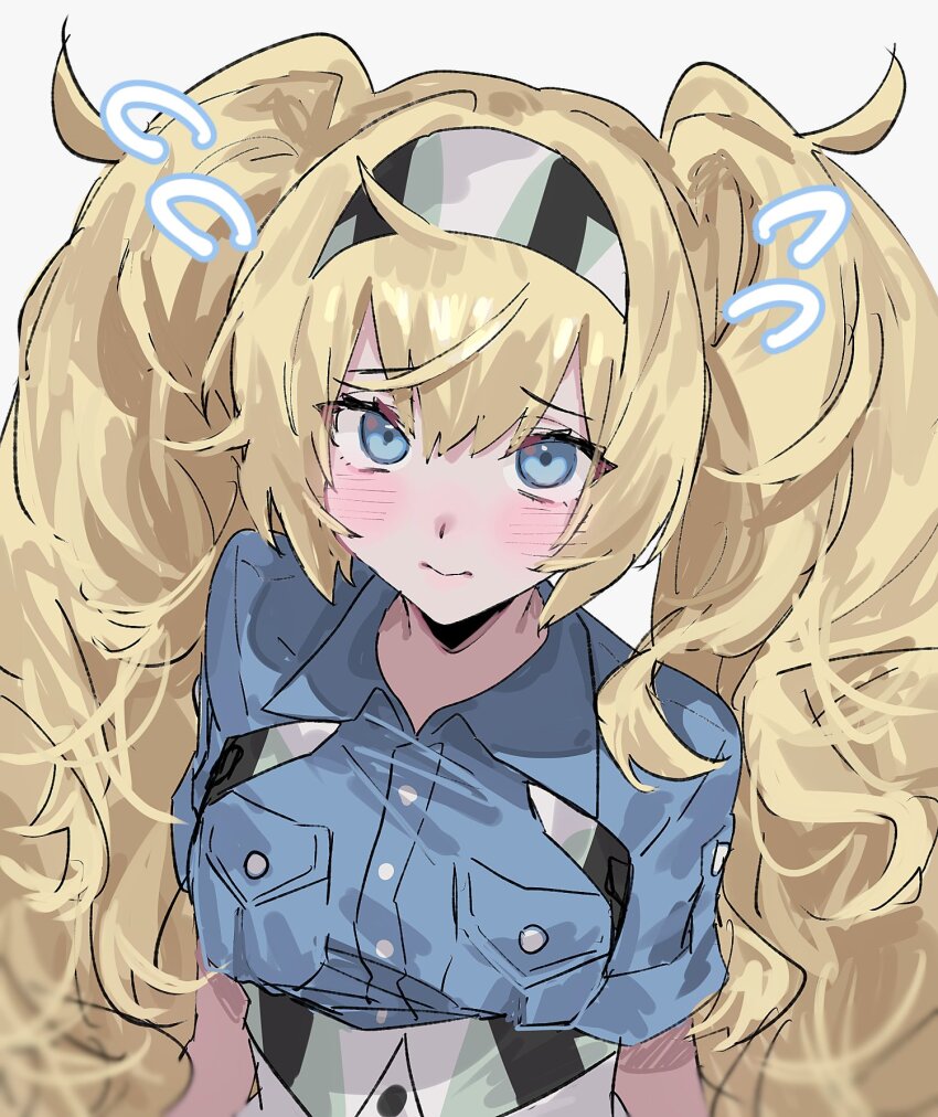 1girl aogisa blonde_hair blue_eyes blue_shirt blush breast_pocket breasts closed_mouth flying_sweatdrops gambier_bay_(kancolle) grey_background hair_between_eyes hairband high-waist_shorts highres kantai_collection long_hair looking_at_viewer multicolored_hairband pocket shirt short_sleeves shorts simple_background solo twintails upper_body very_long_hair