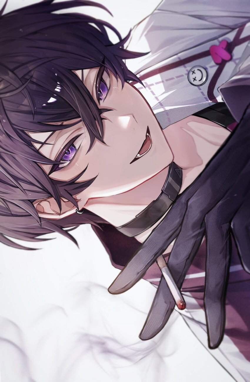 1boy arm_up black_choker black_gloves black_shirt choker cigarette commentary_request crew_neck crossed_bangs gloves highres holding holding_cigarette jacket looking_ahead lower_teeth_only male_focus nijisanji open_mouth purple_eyes purple_hair roomnumber_310 saiki_ittetsu saiki_ittetsu_(1st_costume) shirt sideways smoke smoke_trail solo teeth virtual_youtuber white_background