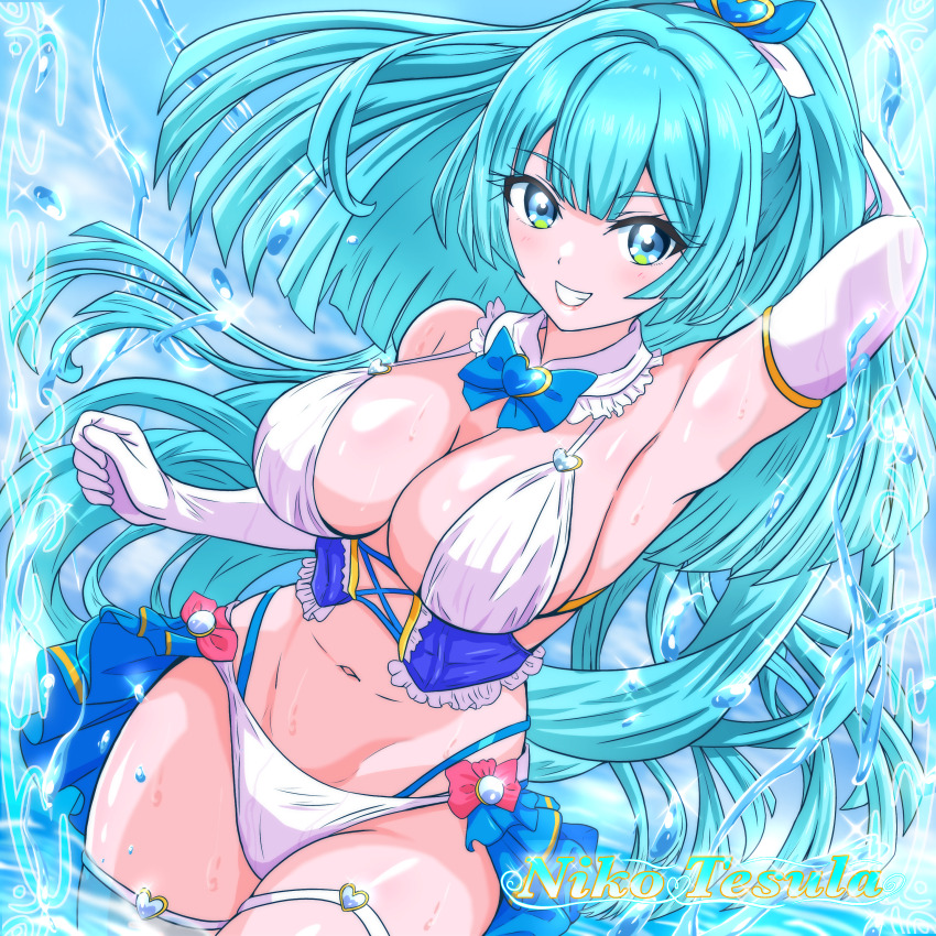 1girl absurdres anime_coloring arm_behind_head armpits bikini blue_bow blue_eyes blue_hair blue_theme bow breasts brooch cowboy_shot detached_collar dot_nose elbow_gloves frills gloves grin hair_bow hair_intakes hair_ornament heart heart_brooch heart_hair_ornament highres jewelry large_breasts layered_bikini long_hair looking_at_viewer manga_sakuga_(precure) multicolored_eyes navel original ponytail presenting_armpit smile solo standing swimsuit thighlet water wet white_bikini white_gloves