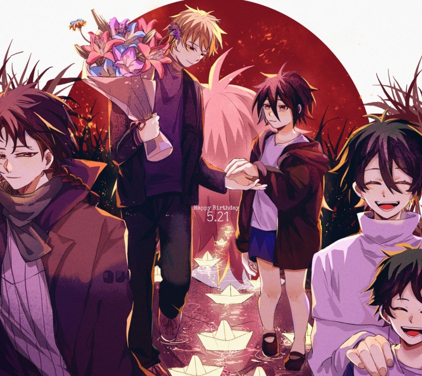 1girl 5boys atou_haruki black_hair black_jacket black_pants black_shoes blonde_hair blue_shorts braid brown_shoes capelet chinese_commentary closed_mouth commentary_request grey_scarf grey_sweater harada_minoru hatsutori_hajime highres hood hooded_jacket isoi_haruki isoi_rai isoi_reiji_(rei-kun) jacket lemijiang long_sleeves male_focus multiple_boys off_shoulder open_clothes open_jacket open_mouth pants paper_boat pink_hair purple_sweater red_eyes ribbed_sweater saibou_shinkyoku scarf shirt shoes shorts side_braid single_braid smile sweater turtleneck turtleneck_sweater walking walking_on_liquid white_capelet white_shirt