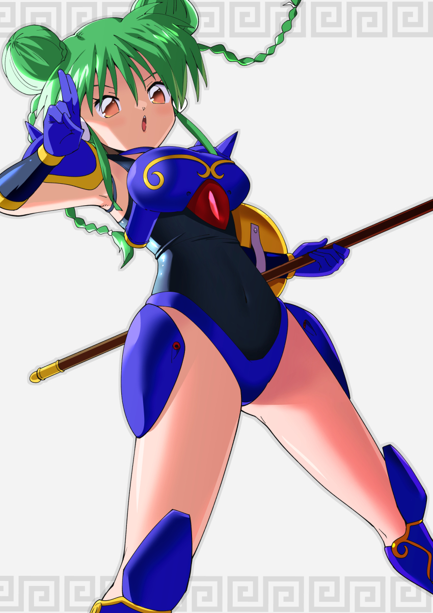 1girl absurdres armor black_leotard boots braid breastplate brown_eyes bun_with_braided_base choker covered_navel double_bun elbow_gloves ginga_ojou-sama_densetsu_yuna gloves greaves green_hair hair_bun highres holding holding_behind_back holding_polearm holding_polearm_behind_back holding_shield holding_weapon holding_weapon_behind_back knee_boots leotard looking_at_viewer mecha_musume open_mouth pauldrons polearm remin_huan ribbon shield short_hair shoulder_armor sidelocks smile solo spear spikes tachi-e toku_sonchou twin_braids twintails weapon white_background
