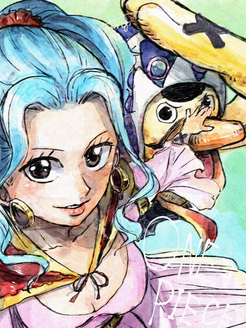 1girl bird blue_background blue_hair brown_eyes cape commentary_request copyright_name cross dress duck earrings eyelashes highres hood jewelry karoo_(one_piece) looking_at_viewer nefertari_vivi one_piece ponytail purple_dress red_cape sidelocks signature smile urinunhanada