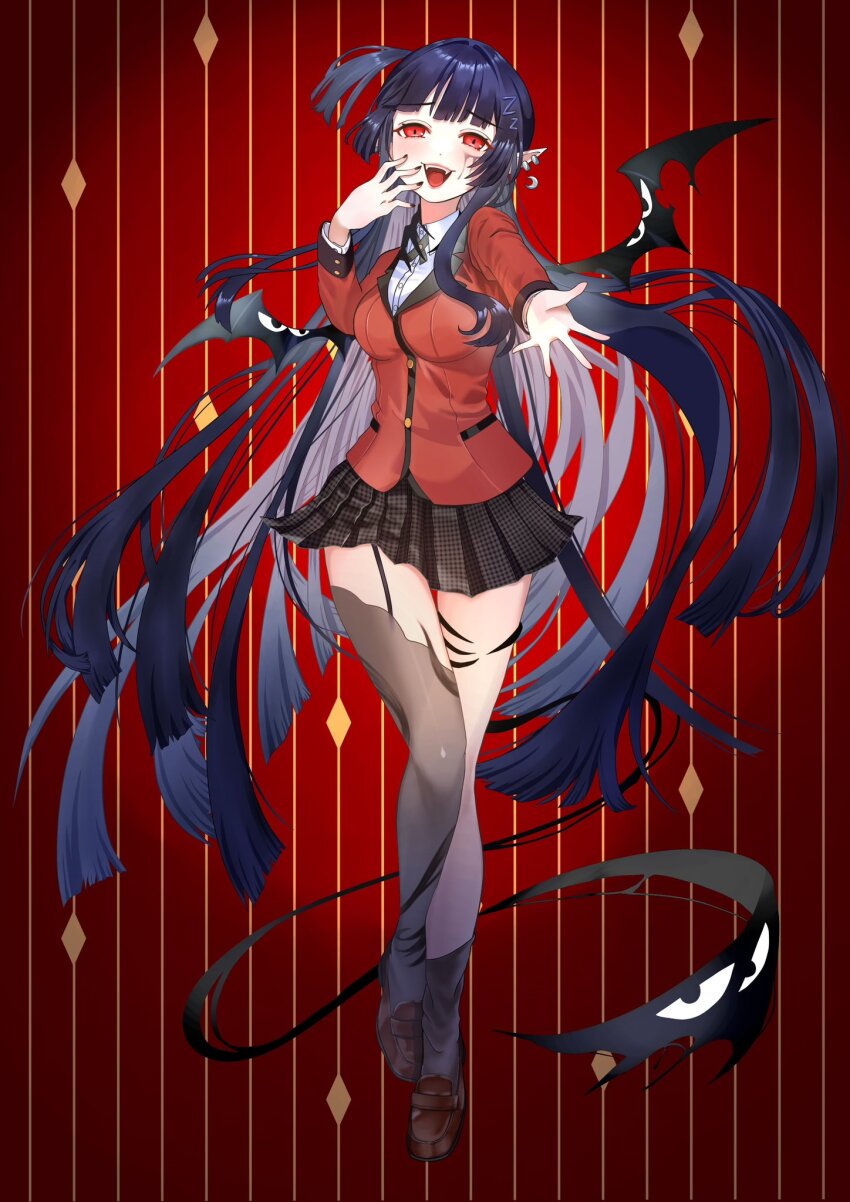 1girl asymmetrical_legwear black_skirt black_wings blazer breasts brown_shoes buttons collared_shirt crescent crescent_earrings earrings facial_mark hair_ornament highres hyakkaou_academy_school_uniform jacket jewelry kakegurui letter_hair_ornament long_hair long_sleeves mishima_nina open_mouth pleated_skirt pointy_ears red_eyes red_jacket rem_kanashibari school_uniform shirt shoes skirt solo teeth thighhighs upper_teeth_only v4mirai white_shirt wings