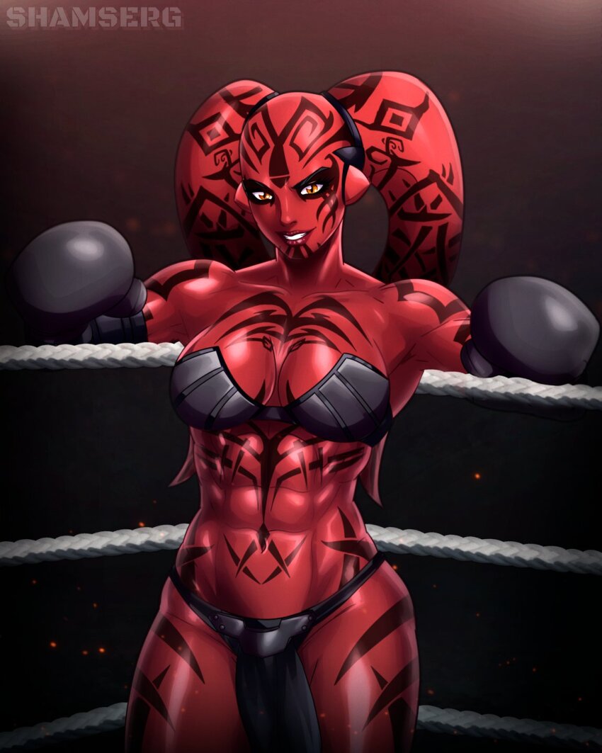 1girl abs alien arm_support armor bare_legs biceps bikini_armor black_gloves boxing boxing_gloves boxing_ring breast_tattoo breasts chest_tattoo cleavage colored_skin curvy darth_talon elbow_gloves facial_tattoo gloves gradient_background highres lekku_(anatomy) looking_at_viewer medium_breasts no_humans parted_lips pelvic_curtain red_eyes red_skin revealing_clothes shamserg shoulder_tattoo simple_background smile star_wars star_wars:_legacy tattoo toned toned_female twi&#039;lek wide_hips
