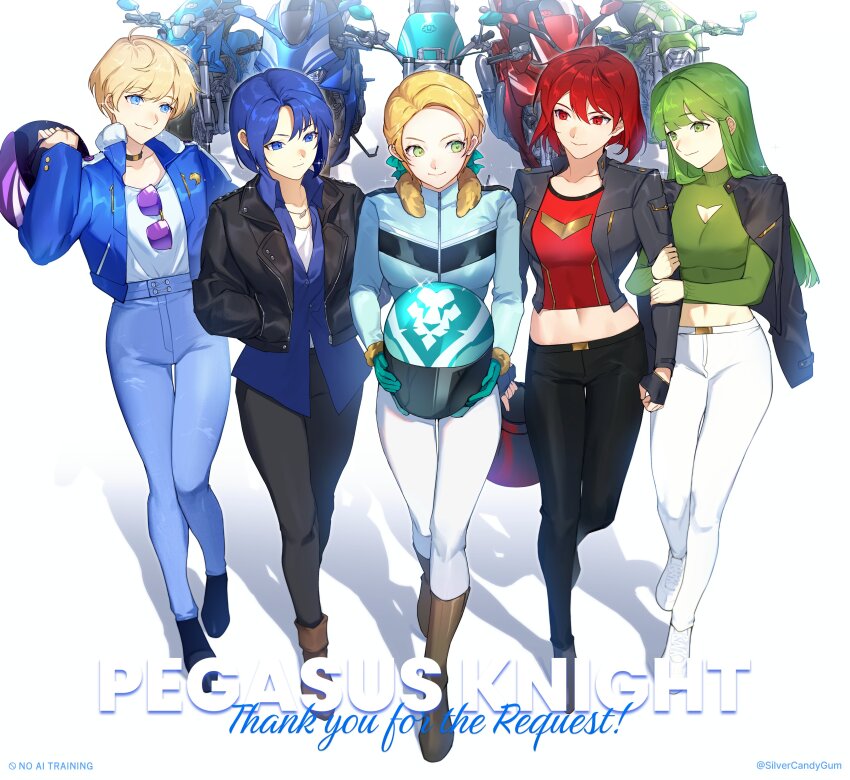 5girls absurdres alternate_costume aqua_ribbon black_choker black_gloves black_jacket black_pants blonde_hair blue_eyes blue_jacket blue_pants blue_shirt catria_(fire_emblem) choker clothing_cutout collarbone collared_shirt commentary commission contemporary denim english_commentary english_text fingerless_gloves fire_emblem fire_emblem:_mystery_of_the_emblem fire_emblem:_three_houses fire_emblem_engage fur_trim gloves green_eyes green_hair green_sweater hair_ribbon hand_in_pocket helmet highres ingrid_brandl_galatea jacket jeans locked_arms long_hair long_sleeves merrin_(fire_emblem) midriff minerva_(fire_emblem) motor_vehicle motorcycle motorcycle_helmet multiple_girls navel nintendo open_clothes open_jacket palla_(fire_emblem) pants pocket red_eyes red_hair red_shirt ribbon shirt short_hair silvercandy_gum smile sunglasses sweater turtleneck turtleneck_sweater twitter_username unworn_eyewear white_pants