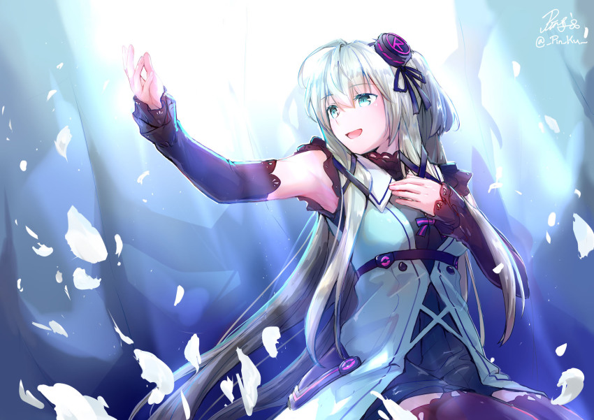 1girl aqua_eyes armpits artist_name black_sleeves black_thighhighs character_request copyright_request detached_sleeves grey_hair hair_between_eyes hand_on_own_chest highres long_hair looking_to_the_side mixed-language_commentary music petals pin.s signature singing sitting smile solo thighhighs thighs twitter_username virtual_youtuber