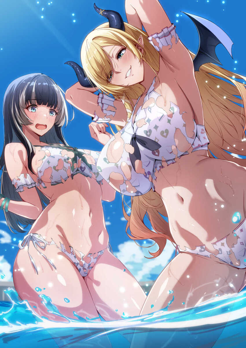 1girl 2girls black_hair blue_sky breasts closed_mouth cloud demon_girl demon_horns demon_wings green_eyes grey_hair highres hololive hololive_dev_is hololive_summer_2022_swimsuit horns juufuutei_raden long_hair looking_at_viewer multiple_girls official_alternate_costume open_mouth pointy_ears sidelocks sion_owatas sky smile torn_clothes very_long_hair virtual_youtuber wading water wings yuzuki_choco
