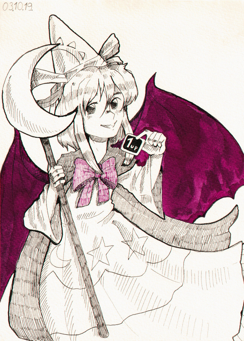 1girl 1up 2019 absurdres bat_wings bow bowtie commentary cosplay dated dress dungeon_toaster english_commentary hat hat_ribbon highres holding holding_staff long_sleeves looking_at_viewer medium_hair mima_(touhou) mima_(touhou)_(cosplay) open_mouth red_bow red_bowtie ribbon shinki_(touhou) simple_background solo spot_color staff teeth touhou touhou_(pc-98) traditional_media white_background wide_sleeves wings