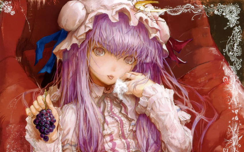1girl :p book bookmark bow bun_cover capelet coat couch crescent crescent_hair_ornament crescent_moon double_bun dress female_focus food frills fruit fuyuno_haruaki grapes hair_bow hair_bun hair_ornament hair_ribbon hat highres holding holding_food holding_fruit long_hair long_sleeves looking_at_viewer mob_cap moon open_book open_clothes open_coat open_robe patchouli_knowledge plate purple_dress purple_hair ribbon robe sitting solo striped_clothes striped_dress tongue tongue_out touhou tress_ribbon very_long_hair