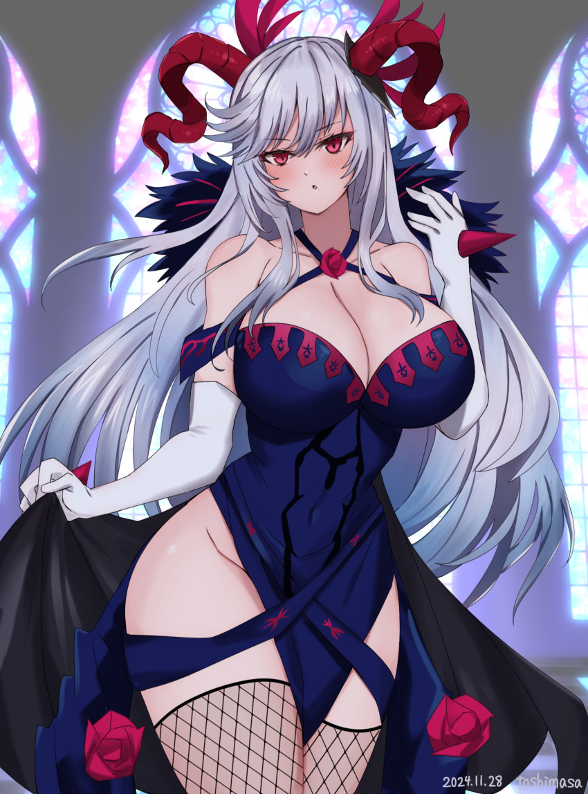 1girl absurdres artist_name bare_shoulders blush breasts cleavage commission cosplay covered_navel cross-laced_clothes cross-laced_dress curled_horns dated dress elbow_gloves fire_emblem fire_emblem_engage fire_emblem_heroes fishnet_thighhighs fishnets flower flower_brooch freyja_(fire_emblem) gloves goat_horns grey_hair groin hair_ornament halter_dress halterneck highres horns indoors ivy_(fire_emblem) ivy_(fire_emblem)_(cosplay) knee_up large_breasts large_horns long_hair looking_at_viewer nintendo off-shoulder_dress off_shoulder open_mouth petals pixiv_commission red_eyes red_horns rose_petals solo spiked stained_glass taut_clothes taut_dress thighhighs thorn_print toshima19699496 white_gloves white_hair