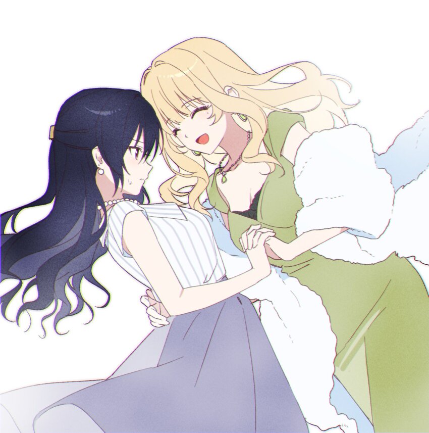 2girls blonde_hair blue_hair closed_eyes closed_mouth djmax djmax_respect dress earrings green_dress grey_skirt half_updo hand_on_another&#039;s_waist highres holding_hands jewelry looking_at_another mole mole_under_eye multiple_girls necklace nonanonnon6u6 open_mouth pinstripe_pattern pinstripe_shirt shirt simple_background skirt smile sweatdrop white_background white_shirt