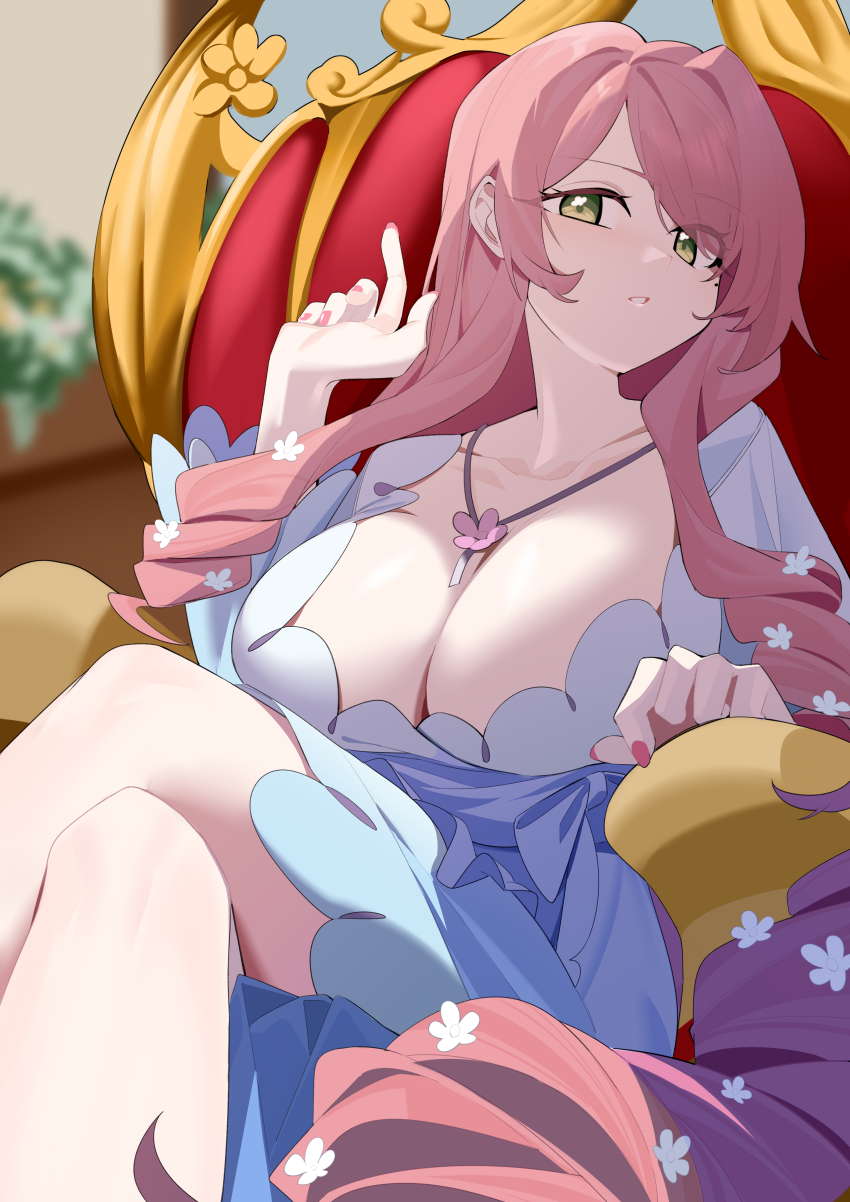 1girl absurdres blue_dress breasts chair cleavage commentary_request crossed_legs dress female_focus flower flower_necklace green_eyes hair_flower hair_ornament hanazono_hahari hand_up highres jewelry kimi_no_koto_ga_dai_dai_dai_dai_daisuki_na_100-nin_no_kanojo large_breasts long_hair long_sleeves looking_at_viewer mature_female mole mole_under_eye necklace parted_lips pink_hair sitting solo wako_(1194433260)