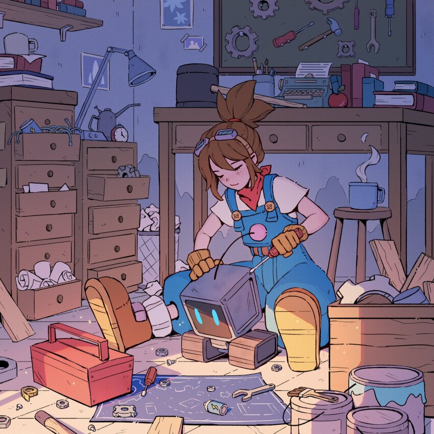 1girl apple battery blue_overalls blueprint_(object) book boots brown_hair clock closed_eyes cup drawer food fruit gears gloves goggles goggles_on_head highres holding holding_screwdriver lamp light_smile mechanic mug non-humanoid_robot nut_(hardware) on_floor original overalls paint_can paintbrush plank ponytail red_scarf robot scarf screwdriver shirt short_sleeves sitting solo stool table toolbox trash_can typewriter underpalewater white_shirt wrench yellow_boots yellow_gloves