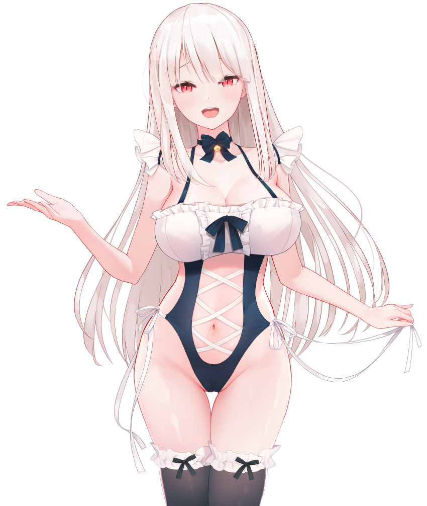 1girl absurdres athletic_leotard bare_arms bell black_bow black_bowtie black_choker black_thighhighs blush bow bowtie breasts cameltoe choker cleavage collarbone commentary curvy erina_(yahtzee_girl) eyelashes eyes_visible_through_hair frilled_thighhighs frills groin hair_between_eyes hands_up highres jingle_bell large_breasts leotard long_hair looking_at_viewer maid navel neck_bell open_mouth partially_visible_vulva qserax2 red_eyes ribbon shiny_skin sidelocks simple_background slit_pupils smile solo standing straight_hair teeth thigh_gap thighhighs thighs tongue transparent_background upper_teeth_only very_long_hair white_hair white_ribbon yahtzee_girl