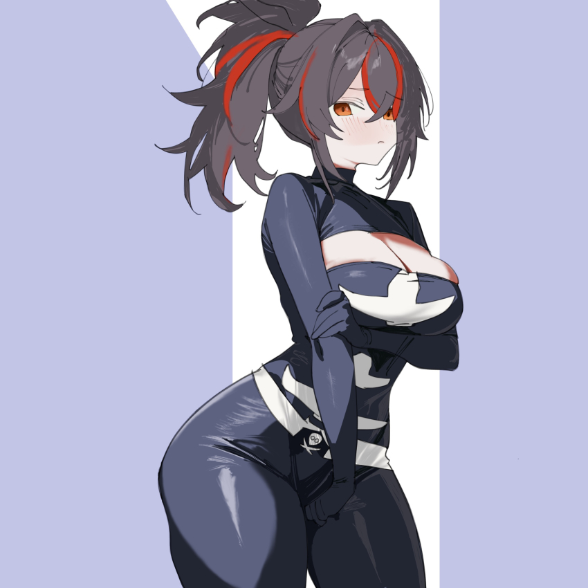 1girl arm_under_breasts between_legs black_bodysuit black_hair blush bodysuit breasts cleavage_cutout clothing_cutout cosplay cowboy_shot grey_background hand_between_legs highres kamen_rider kamen_rider_(1st_series) kani_ka_nanika large_breasts multicolored_hair ponytail red_eyes red_hair shocker_(kamen_rider) solo standing streaked_hair zenless_zone_zero zhu_yuan