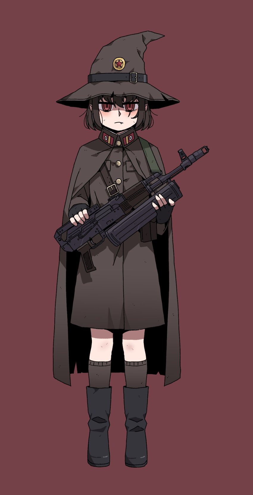 1girl boots brown_boots brown_cape brown_dress brown_hair brown_hat brown_socks cape commentary dress english_commentary fang full_body gun hat highres holding holding_gun holding_weapon jitome karepack long_skirt military north_korea original pointy_ears red_background red_eyes ringed_eyes short_hair simple_background skirt socks solo standing type_88_(assault_rifle) weapon witch witch_hat
