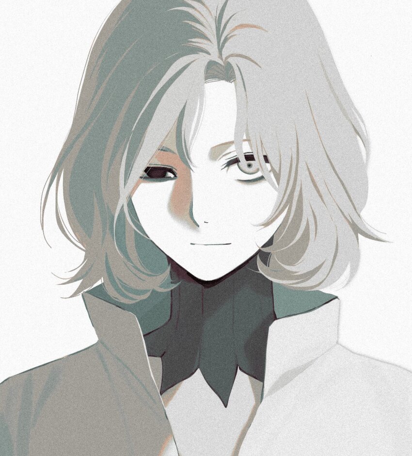 1boy bags_under_eyes black_eyes closed_mouth dungeon_meshi frs2 gorget grey_eyes grey_hair heterochromia highres looking_at_viewer male_focus medium_hair mithrun popped_collar portrait shirt simple_background smile solo uneven_eyes white_background white_shirt