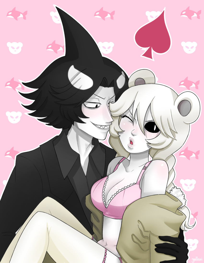 1boy 1girl ace_(playing_card) ace_of_spades animal_ears bare_shoulders bear_ears bear_girl black_eyes black_gloves black_hair black_sclera black_suit blush bra braid breasts card carrying carrying_person cleavage closed_mouth collarbone colored_sclera colored_skin fins formal_clothes funamusea gallaxi gloves head_fins hetero highres ice_scream idate_(funamusea) imminent_kiss jacket long_hair multicolored_hair navel nose_blush one_eye_closed open_mouth orca_boy outline patterned_background pink_background pink_bra playing_card rocma_(funamusea) sharp_teeth short_hair signature spade_(shape) suit teeth twin_braids underwear white_eyes white_hair white_outline white_skin yellow_jacket