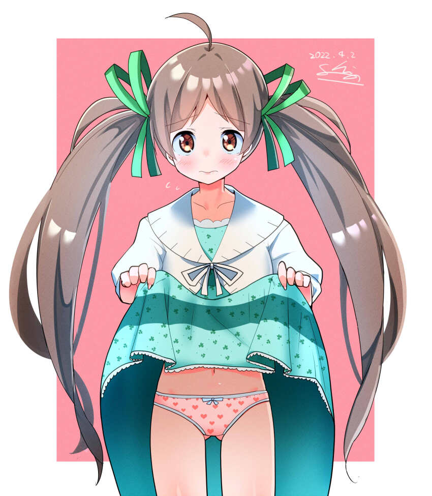 1girl ahoge blush border bow bow_panties brown_eyes brown_hair cardigan clothes_lift commentary_request cowboy_shot dress dress_lift floral_print flying_sweatdrops gluteal_fold green_dress hakozaki_serika heart heart_print highres idolmaster idolmaster_million_live! long_hair looking_at_viewer midriff_peek navel panties pink_background pink_panties print_panties shishino_shino solo twintails underwear very_long_hair white_border white_cardigan
