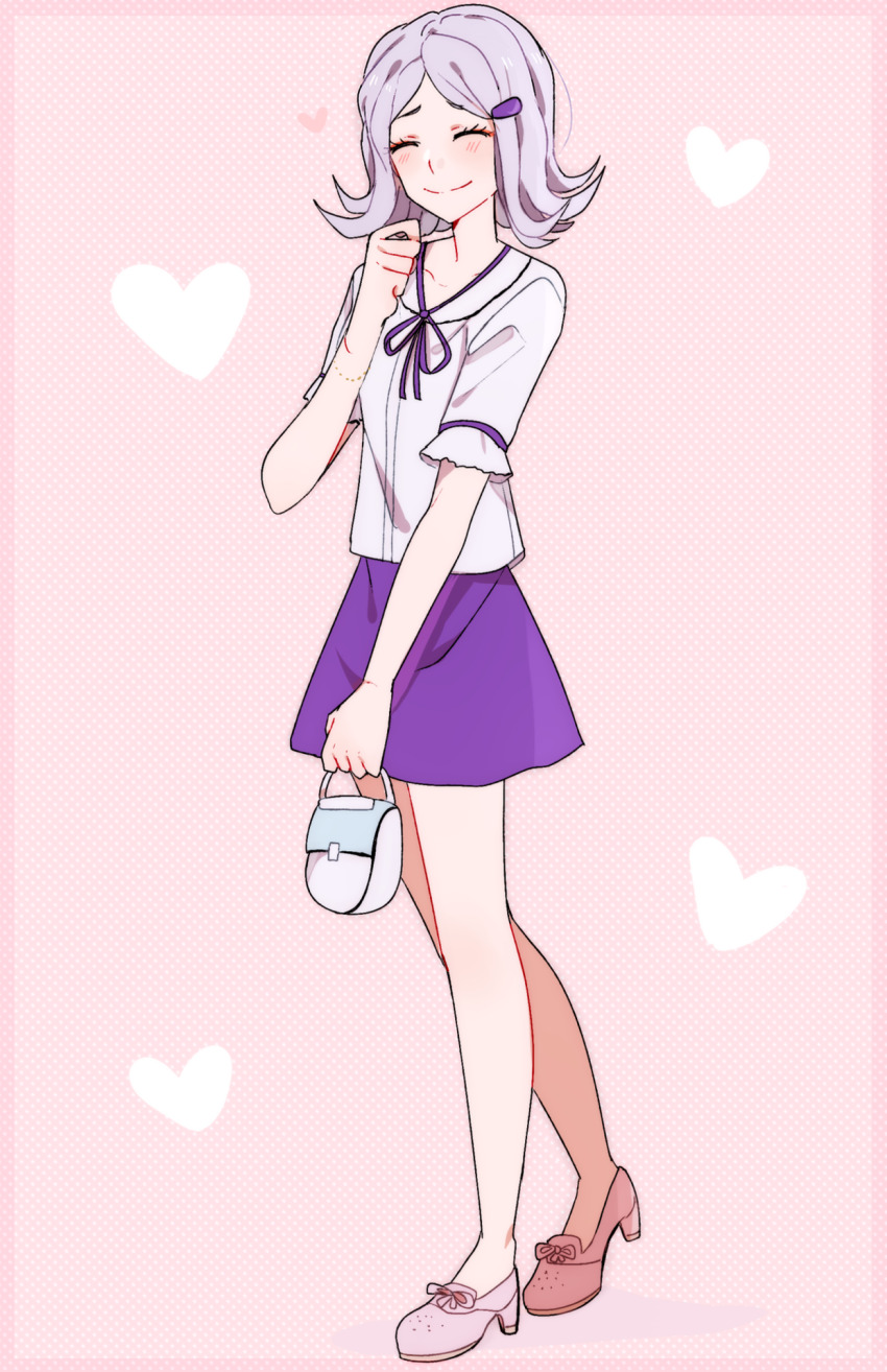 1girl alternate_costume bag blush closed_eyes closed_mouth commentary commission danganronpa_(series) danganronpa_3_(anime) english_commentary eyelashes full_body hair_ornament hairclip heart high_heels highres holding holding_bag huyandere kimura_seiko medium_hair neck_ribbon pink_background pink_shoes purple_hair purple_ribbon purple_skirt ribbon shirt shoes short_sleeves skirt smile solo standing white_bag white_shirt