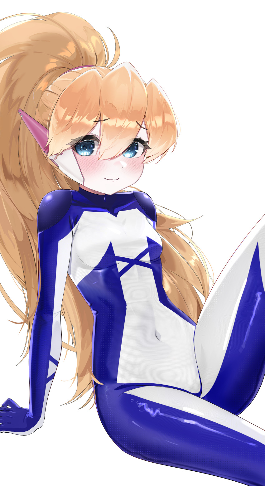 1girl absurdres biometal blonde_hair blue_eyes bodystocking breasts ciel_(mega_man) commission commissioner_upload covered_navel eyelashes fauron714 highres leaning_back light_blush light_smile long_bangs long_hair looking_at_viewer mechanical_ears mega_man_(series) mega_man_zero_(series) mega_man_zx model_z_(mega_man) no_armor no_headwear non-web_source petite ponytail sitting small_breasts thighs transparent_background