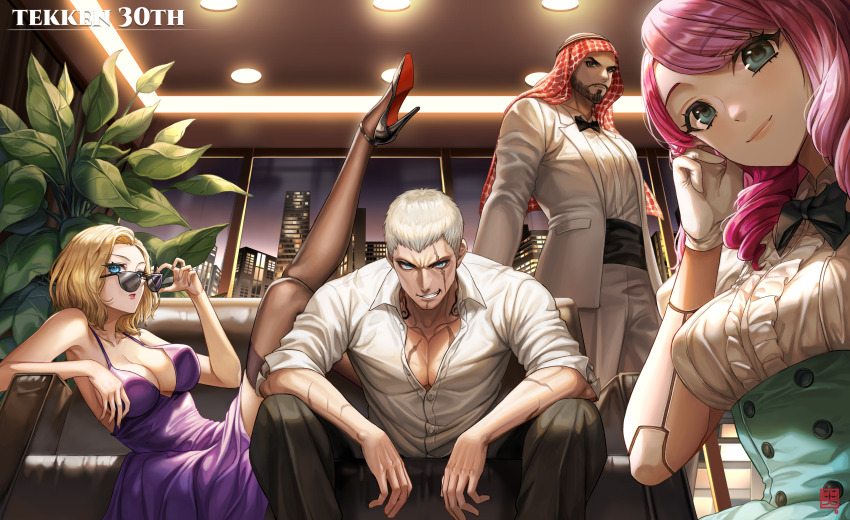 2boys 2girls absurdres alisa_boskonovich aqua_eyes bare_shoulders beard black_footwear black_hair black_thighhighs blonde_hair blue_eyes box_(hotpppink) breasts bryan_fury cleavage commentary couch dress english_commentary facial_hair formal_clothes gloves green_eyes high_heels highres indoors keffiyeh large_breasts leg_up long_hair looking_at_viewer multiple_boys multiple_girls nina_williams plant potted_plant purple_dress purple_hair scar scar_across_eye scar_on_face shaheen short_hair sitting sleeveless sleeveless_dress smile suit sunglasses tattoo tekken tekken_8 thighhighs white_gloves white_hair